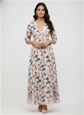 Blush Off White Georgette Floral Maxi Dress