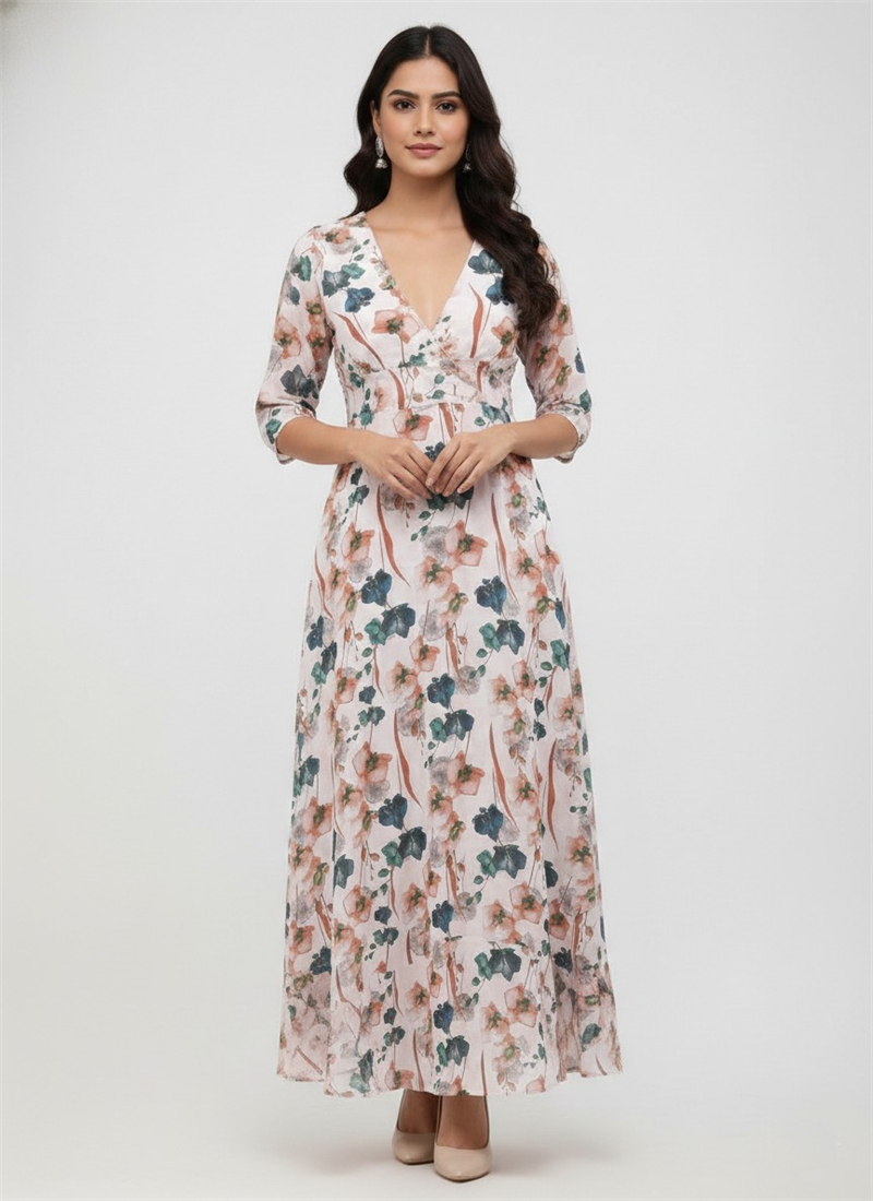 Blush Off White Georgette Floral Maxi Dress After Six Wear