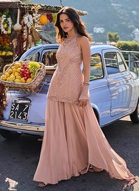 Blush Peach Georgette Beads Sequins Embroidered Palazzo Suit