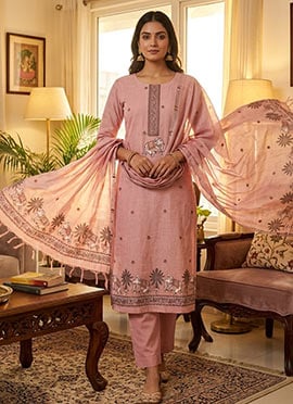 Blush Pink Banarasi Silk Jamdani Pichwai Weaving Straight Pant Suit