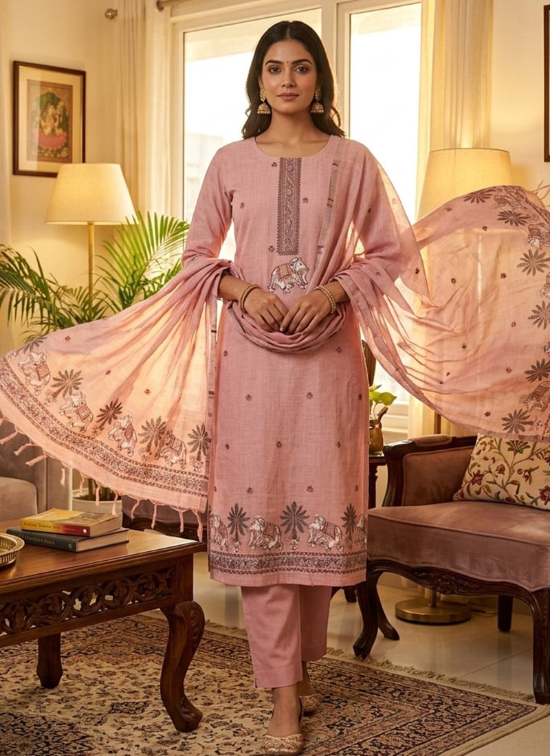 Blush Pink Banarasi Silk Jamdani Pichwai Weaving Straight Pant Suit Leisure Wear