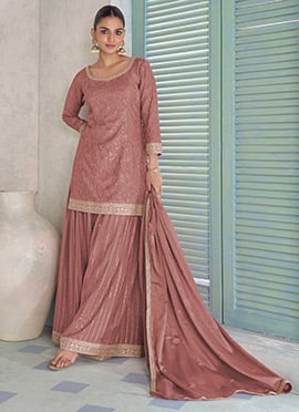 Blush Pink Chinon Embroidered Sequins Palazzo Suit