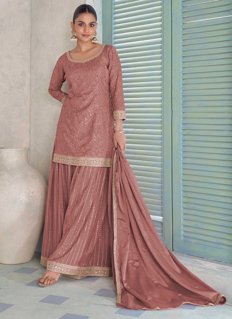 Blush Pink Chinon Embroidered Sequins Palazzo Suit Festive Wear