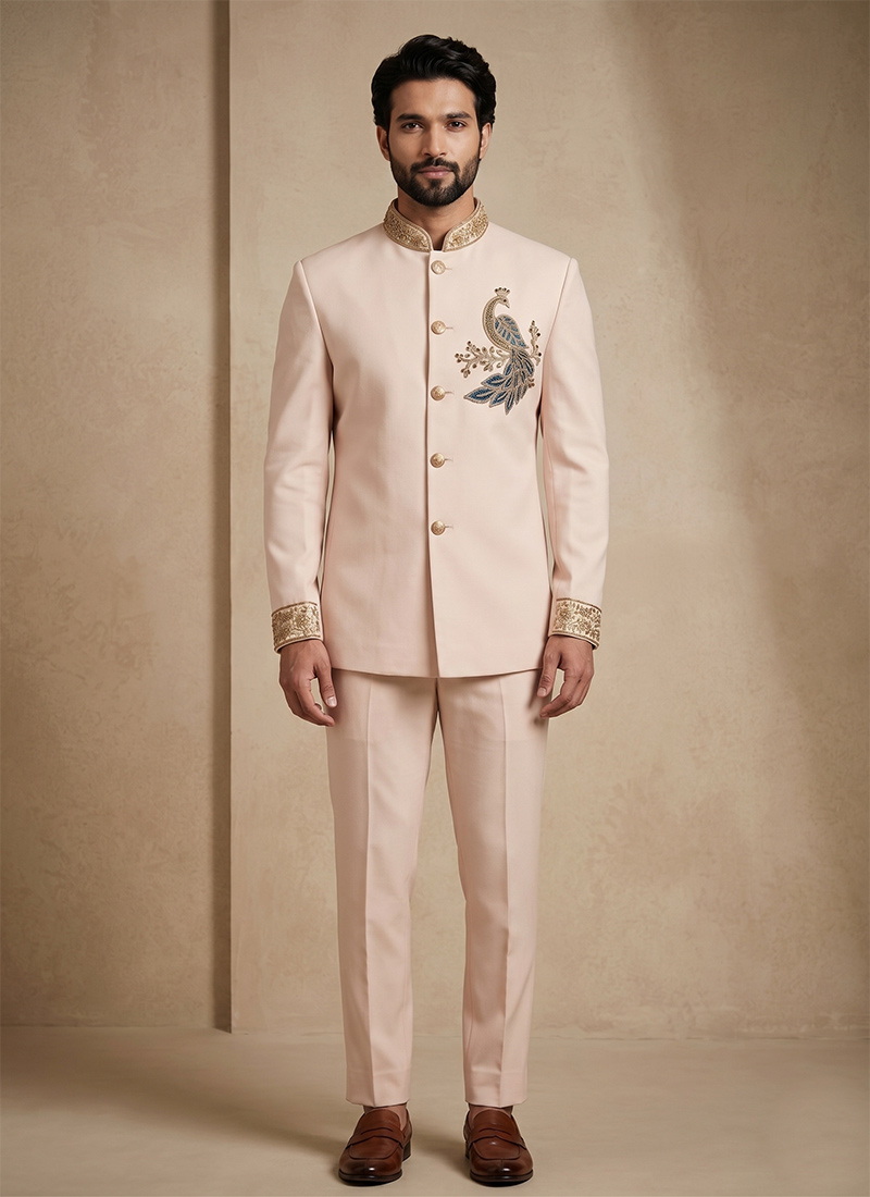 Blush Pink Doniar Satin Embroidered Beads Work Jodhpuri Suit Set Wedding Wear
