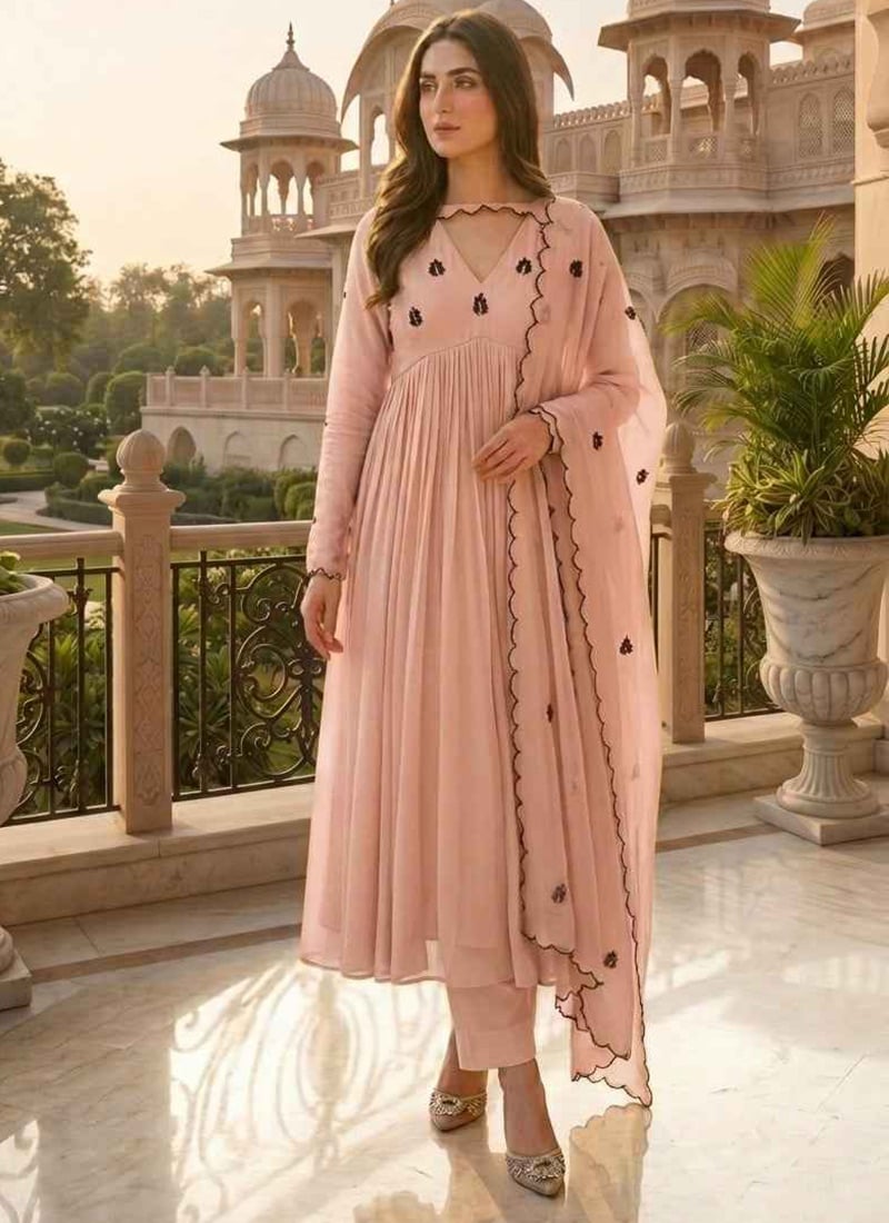 Blush Pink Georgette Resham Embroidered Anarkali Suit After Six Wear