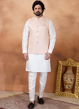 Blush Pink Satin Blend Jacquard Bandhgala Jacket