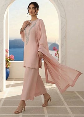 Blush Pink Silk Hand Embroidered Sequins With Stone Palazzo Suit