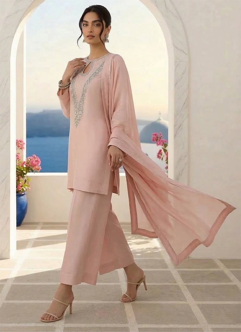 Blush Pink Silk Hand Embroidered Sequins With Stone Palazzo Suit Festive Wear