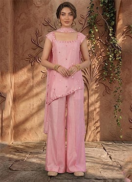 Blush Pink Silk Zari Hand Embroidered Mirror Work Palazzo Suit