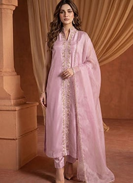 Pastel Lilac Silk Zari Resham Embroidered Straight Pant Suit