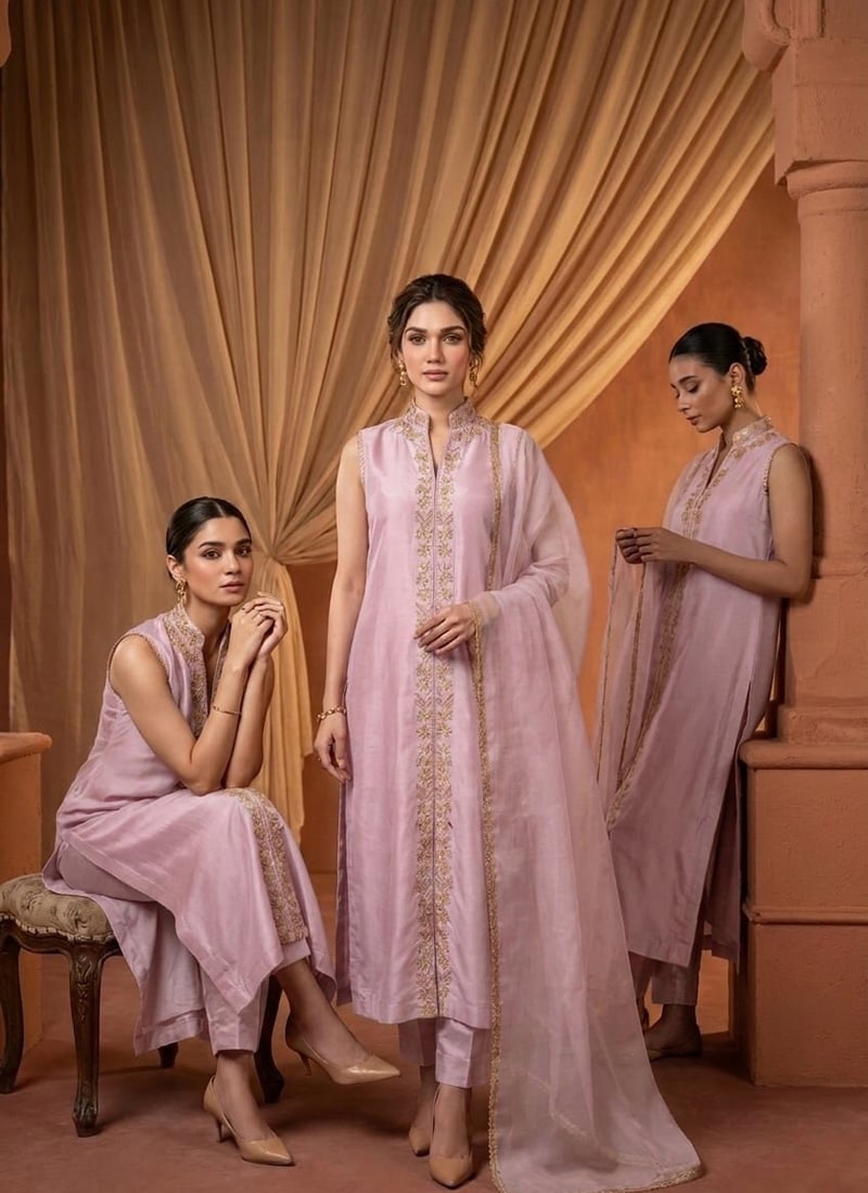 Blush Pink Silk Zari Resham Embroidered Straight Pant Suit Festive Wear