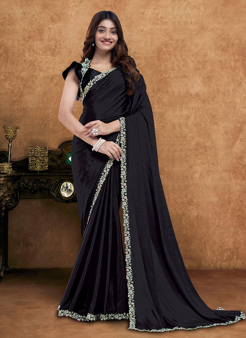 Bold Black Crepe Silk Embroidered Stone Beads Sequins Zari Saree Wedding Wear