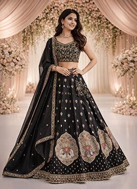 Bold Black Georgette Sequins Embroidered Umbrella Lehenga