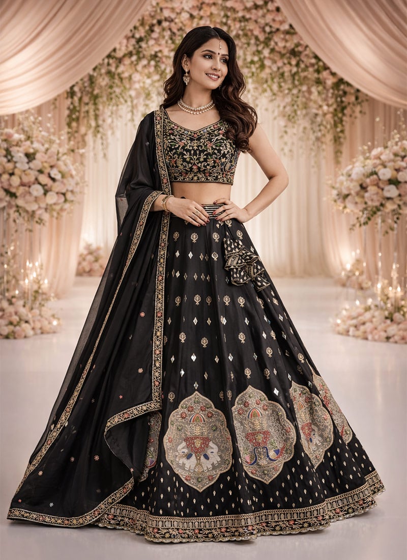 Bold Black Georgette Sequins Embroidered Umbrella Lehenga Wedding Wear