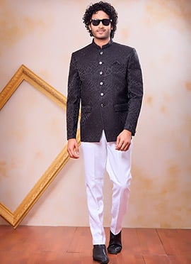 Bold Black Jacquard Silk Thread Embroidered Bandhgala Jacket