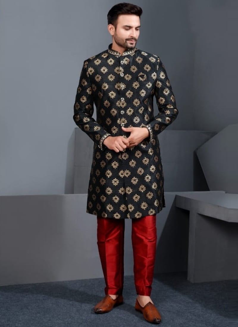 Bold Black Jacquard Silk Zari Indowestern Sherwani Wedding Wear