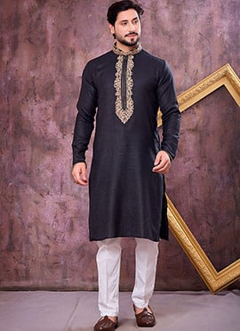 Bold Black Linen Cotton Embroidered Kurta Pyjama