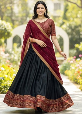 Bold Black Malmal Cotton Patola Print Umbrella Lehenga
