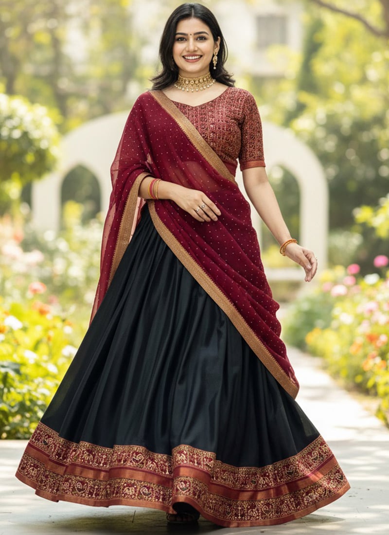 Bold Black Malmal Cotton Patola Print Umbrella Lehenga Festive Wear