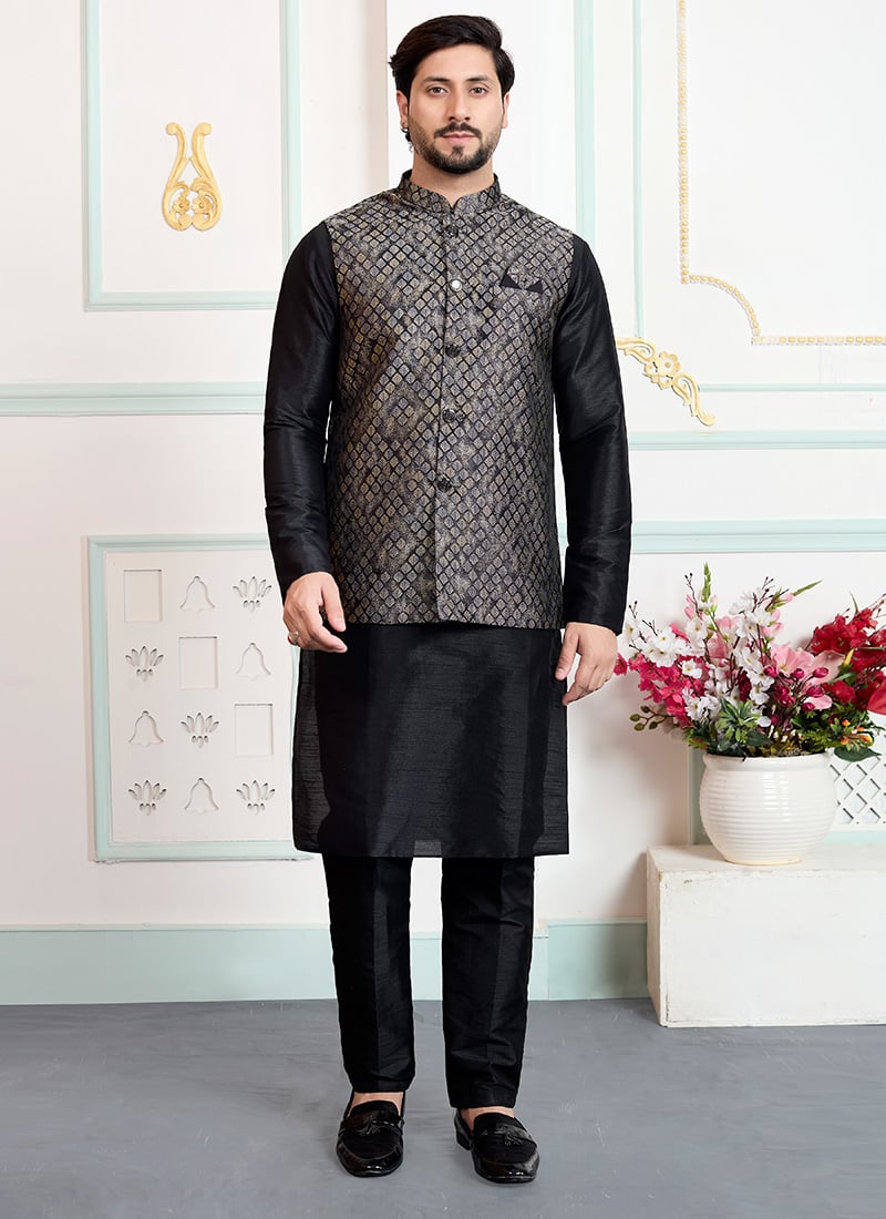 Bold Black Satin Blend Jacquard Bandhgala Jacket