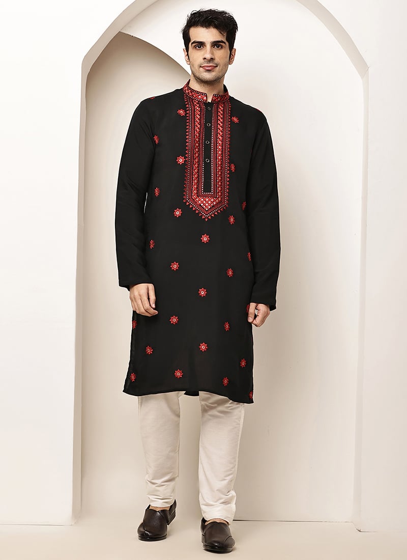 Bold Black Viscose Silk Embroidered Sequins Kurta Pyjama Festive Wear