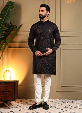 Bold Black Viscose Silk Embroidered Sequins Kurta Pyjama