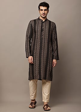 Bold Black Viscose Silk Ethnic Print Zari Thread Kurta Pyjama