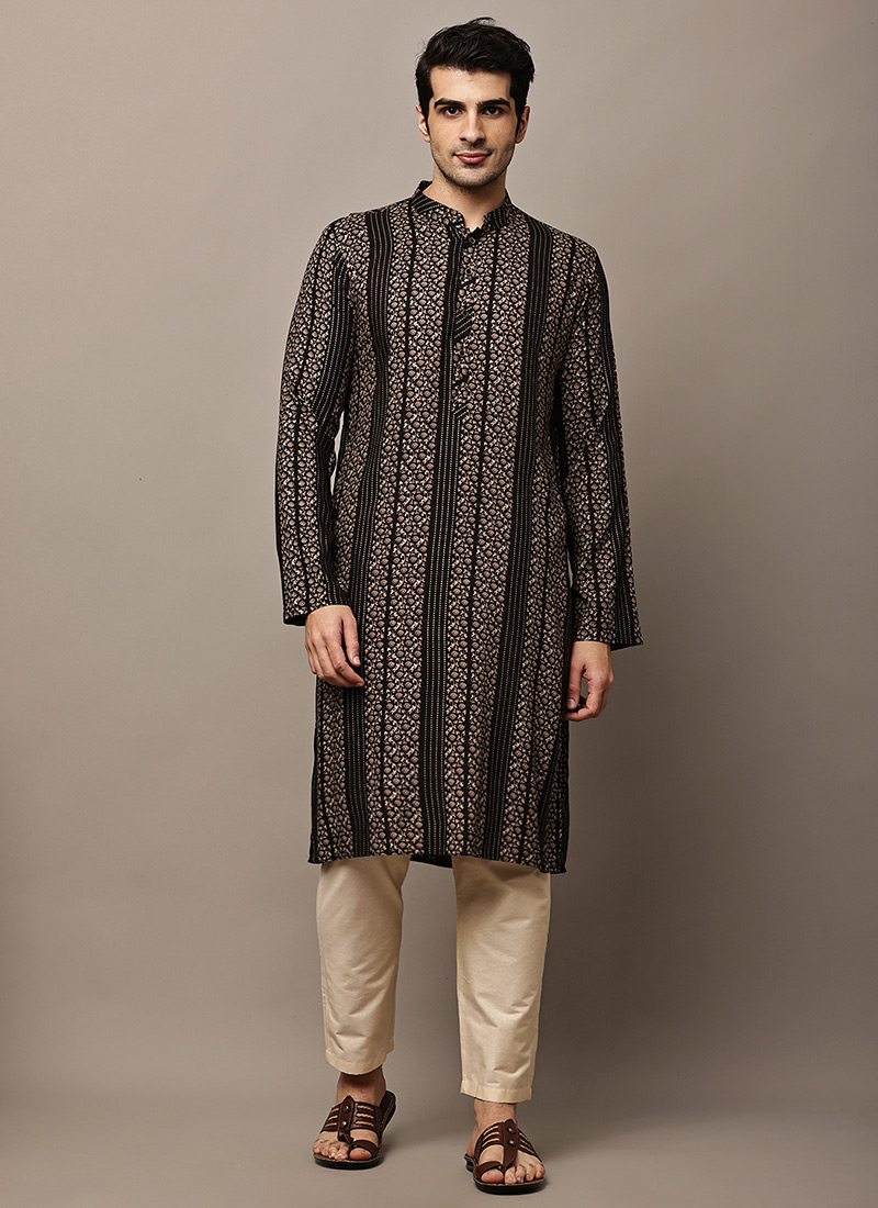 Bold Black Viscose Silk Ethnic Print Zari Thread Kurta Pyjama Festive Wear