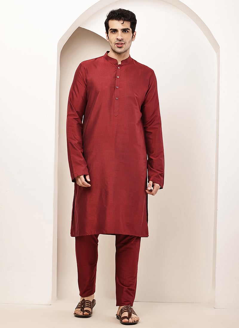 Bold Dark Red Viscose Silk Kurta Pyjama Festive Wear