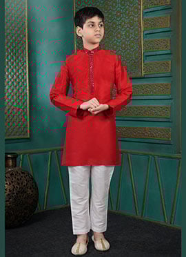 Bold Red Art Silk Embroidered Kids Boys Kurta Pyjama