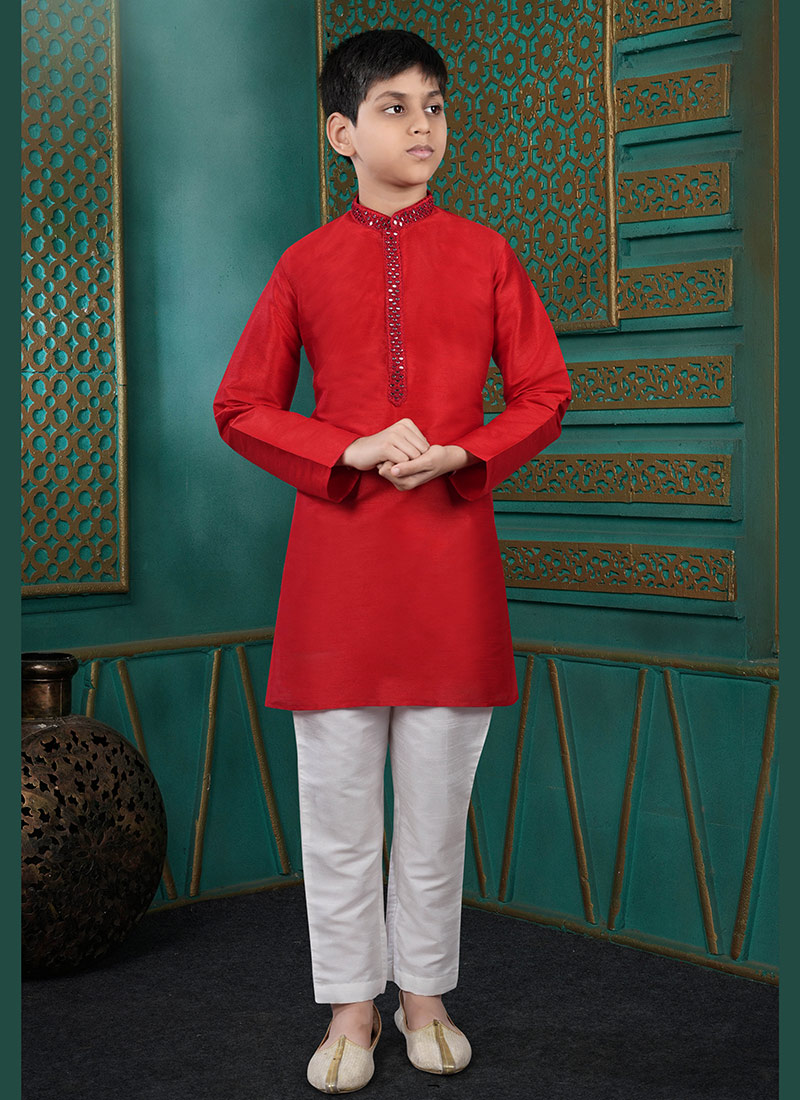 Bold Red Art Silk Embroidered Kids Boys Kurta Pyjama Festive Wear