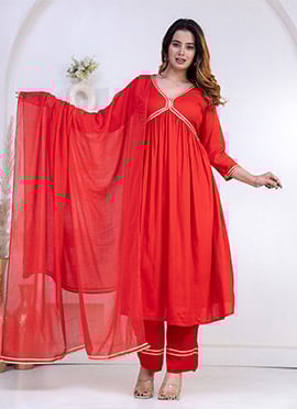 Bold Red Rayon Zari Lace Work Anarkali Suit