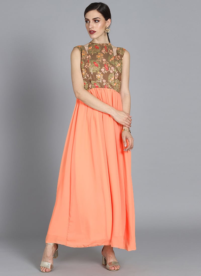 Ethnovog Peach Georgette Gown