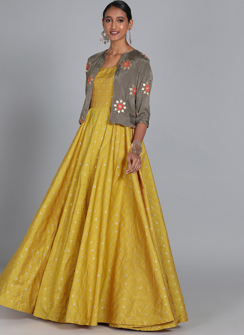 Shop Bollywood Vogue Mustard N Grey Jacket Style Gown Ready to wear