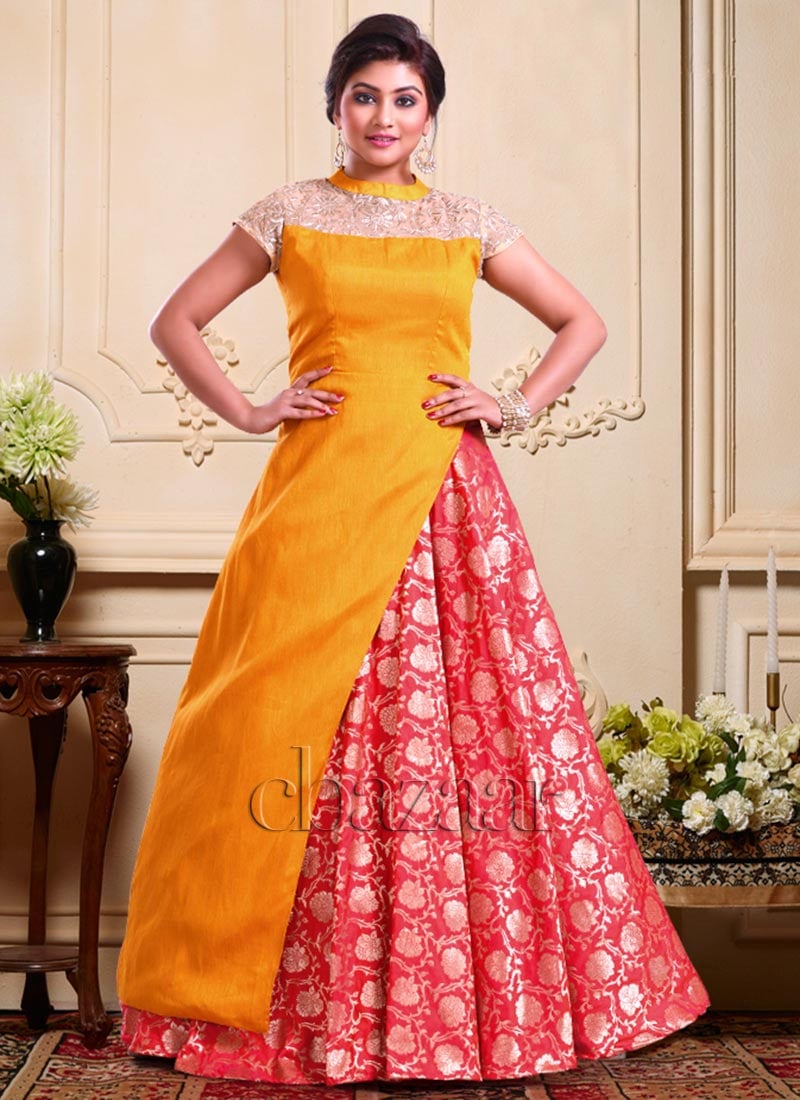 Ethnovog Mustard Yellow N Red Lehenga Set