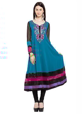 Bondi Blue Georgette Embroidered Anarkali Kurti
