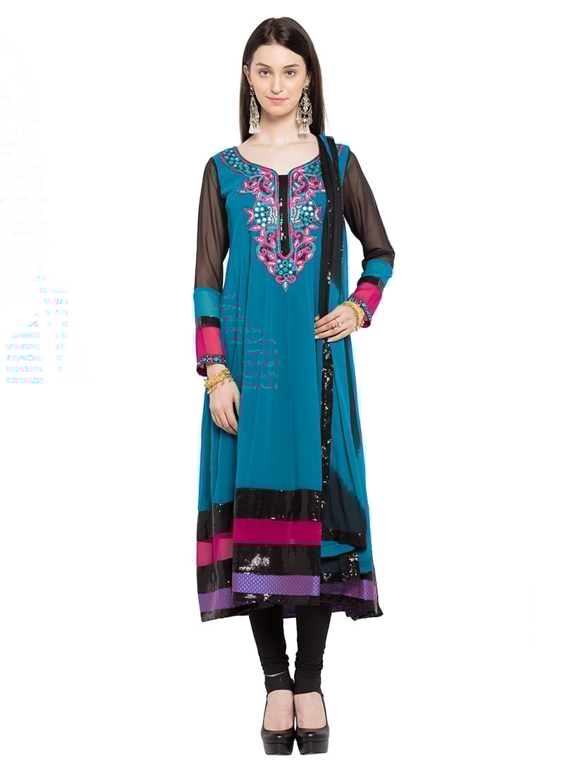 Bondi Blue Georgette Embroidered Kalidar Suit Party Wear
