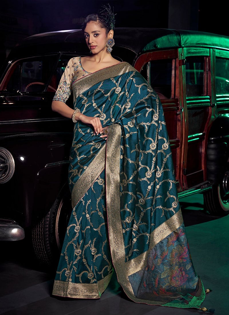 Bottle Blue Art Silk Resham Zari Digital Print Saree Festive Wear