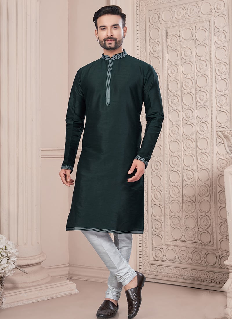 Bottle Green Silk Kurta Pyjama Festive Wear