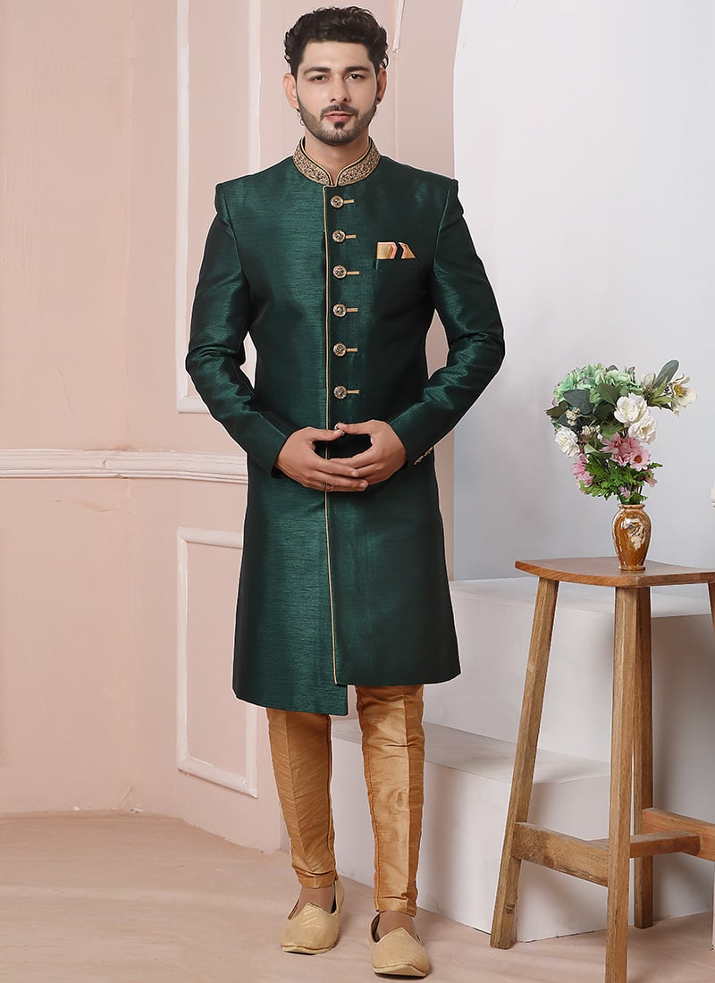 Bottle Green Art Banarasi Silk Embroidered Classic Sherwani Wedding Wear