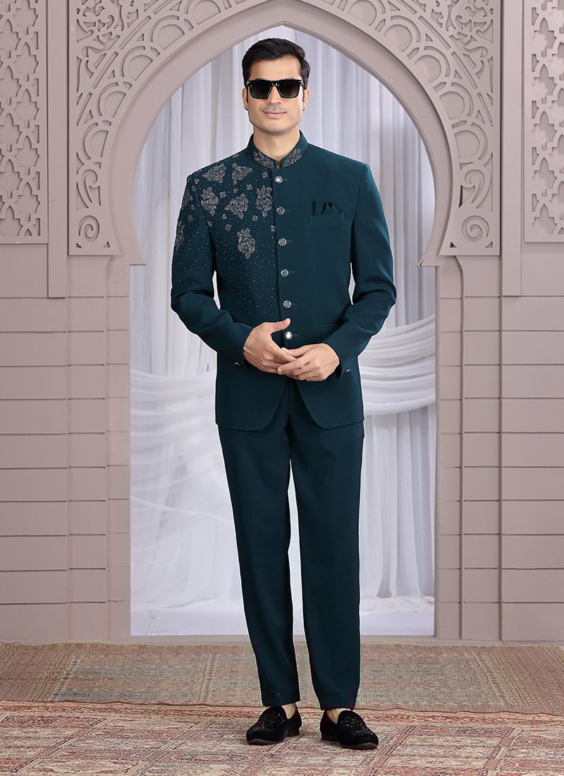 Bottle Green Art Silk Hand Embroidered Blazer