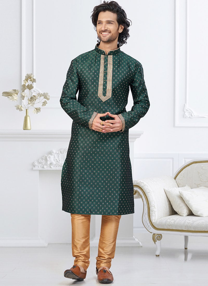Bottle Green Banarasi Jacquard Silk Kurta Pyjama Festive Wear