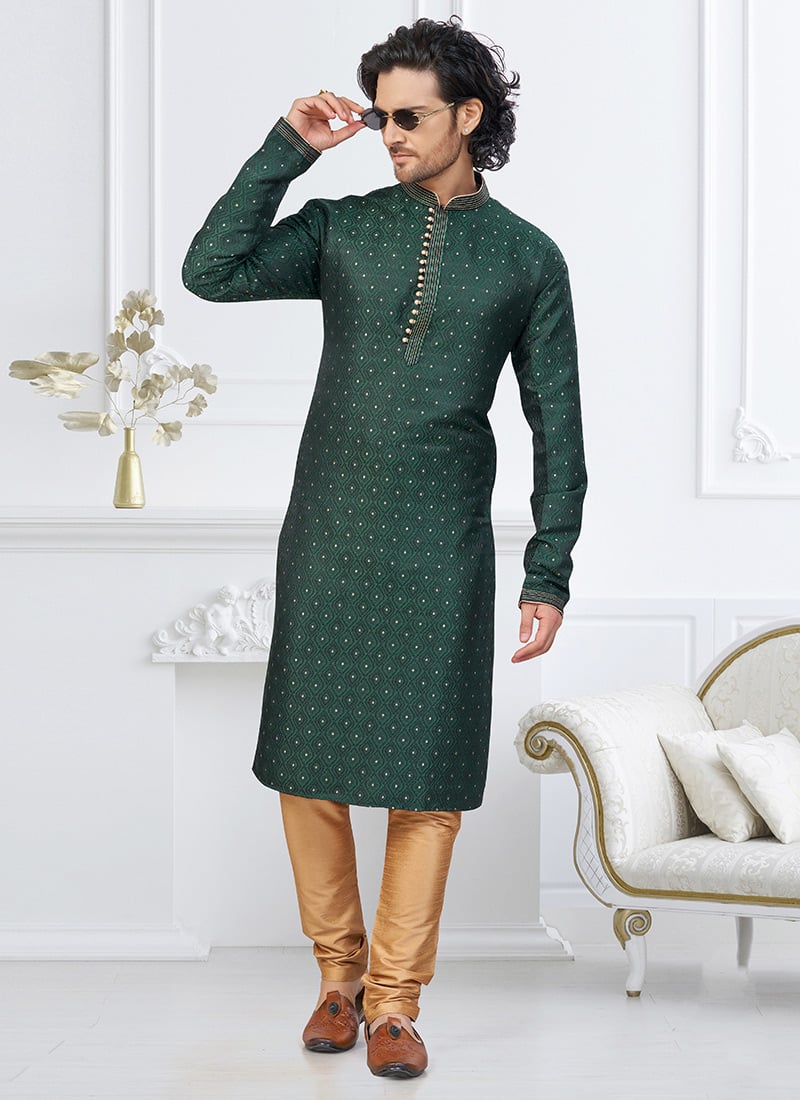 Bottle Green Banarasi Jacquard Silk Kurta Pyjama Festive Wear