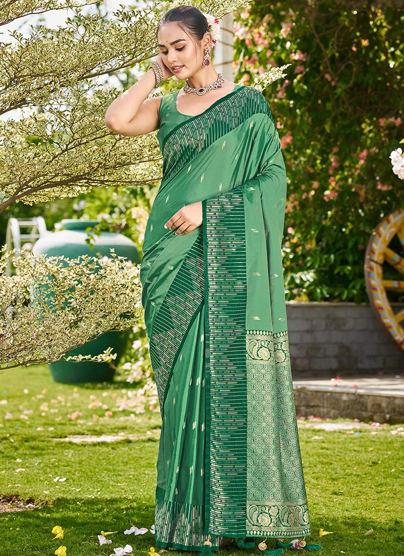 Bottle Green Banarasi Satin Silk Elegant Zari Woven Saree Festive Wear