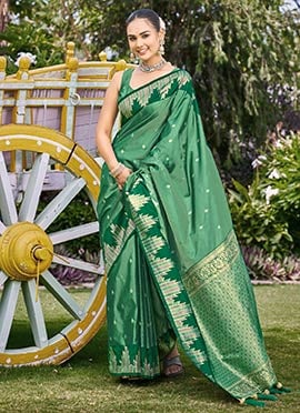 Bottle Green Banarasi Satin Silk Regal Zari Woven Saree