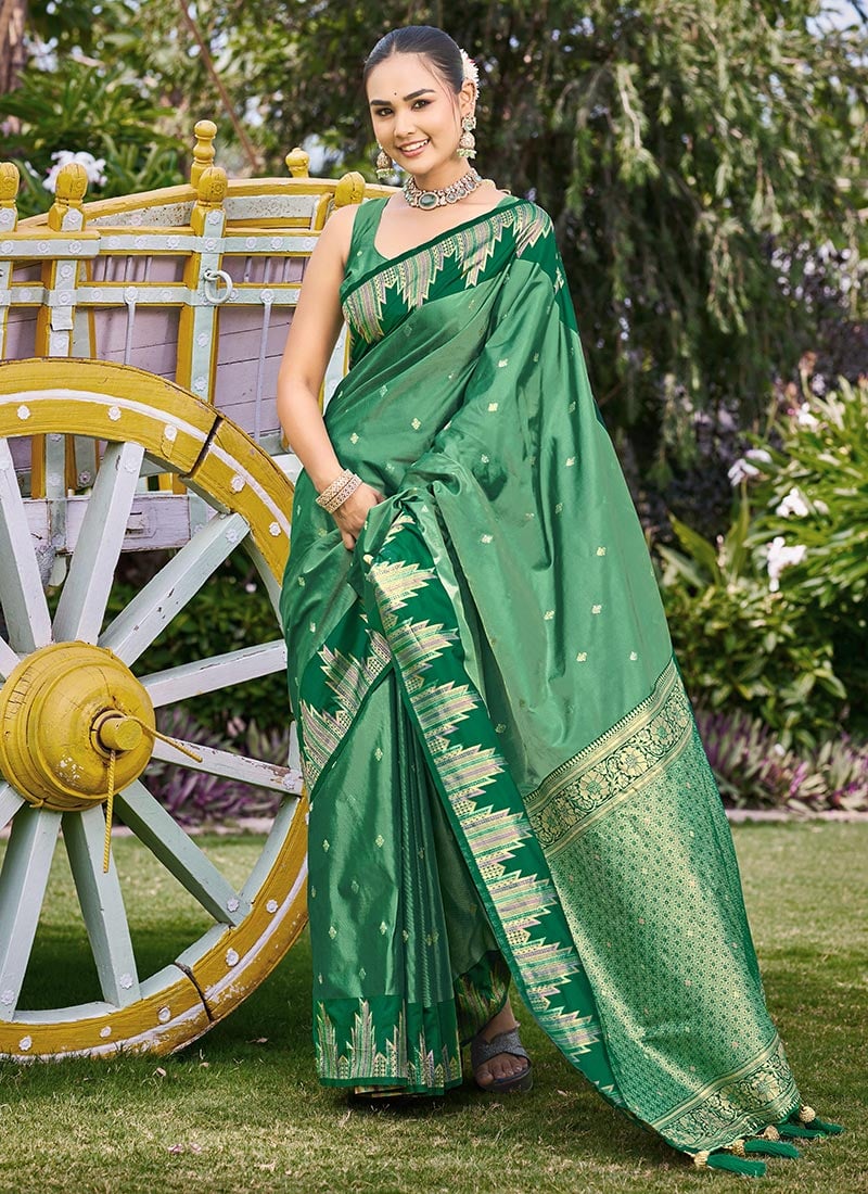 Bottle Green Banarasi Satin Silk Regal Zari Woven Saree Festive Wear