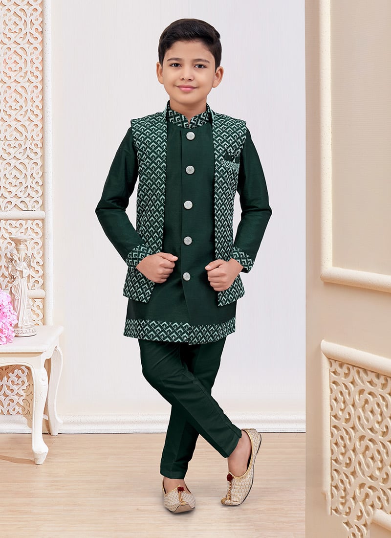 Bottle Green Banarasi Silk Embroidered Sequins Boys Indowestern Sherwani  Wedding Wear