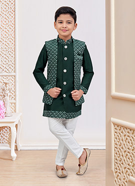 Bottle Green Banarasi Silk Embroidered Sequins Boys Indowestern Sherwani