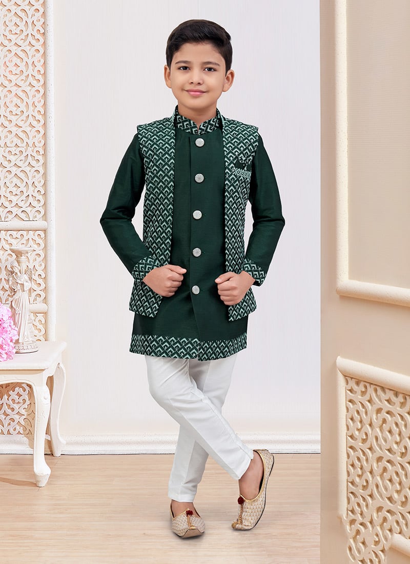 Bottle Green Banarasi Silk Embroidered Sequins Boys Indowestern Sherwani Wedding Wear
