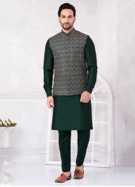 Bottle Green Banarasi Silk Embroidered Sequins Thread Bandi Set